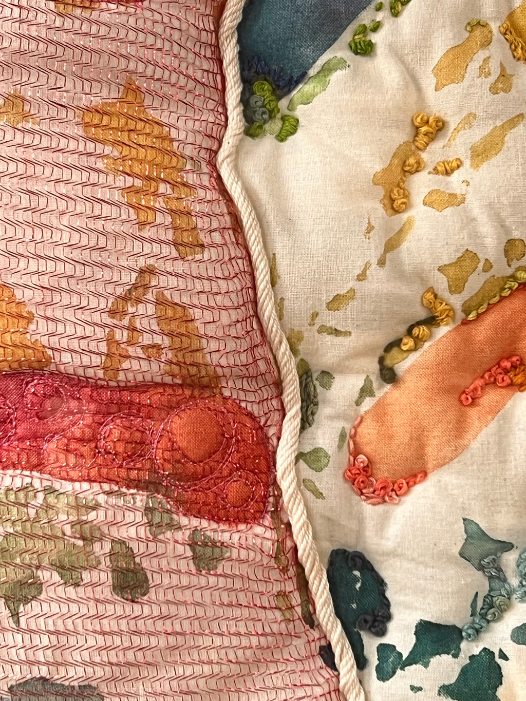 Close-up of embroidered fabric with floral patterns and colorful stitches.